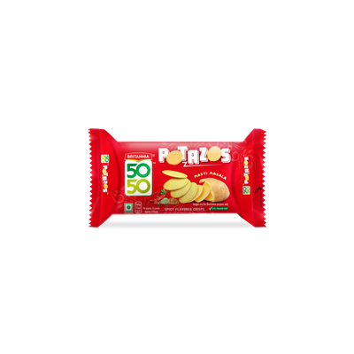 Britannia 50-50 Potazos Masti Masala Spicy Flavoured Crisps, Chips and Biscuit combination