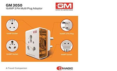 GM 3050 16 AMP 3 Pin Multi Plug Travel Adaptor Suitable for Class I and II  Appliances(16A Socket)