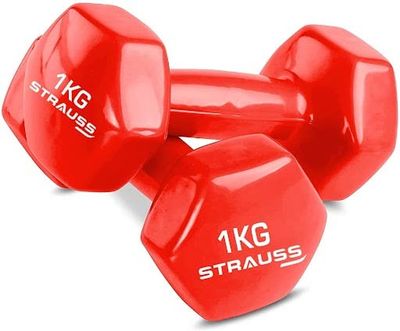 Strauss Vinyl Dumbbell, 2 KG (Pair), 1 KG Each, (Red)