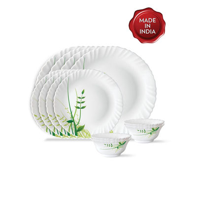 Larah By Borosil Green Herbs 12Pc Dinner Set Opalware Crockery For Dining & Gifting - White