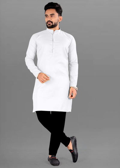 Freluro Men Solid Cotton Blend Straight Kurta | White | XXL