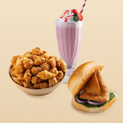 Mini Butter Croissants + Samosa Pav + Mixed Berry Shake   