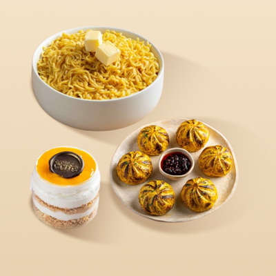 Chicken Tandoori Momos + Butter Maggi + Mango Pastry Jar