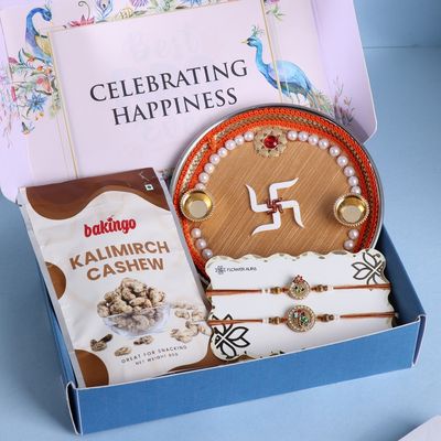 FlowerAura Swastik Thali | Cashew Kalimirch and Pearl Rakhi Set - Complete Festive Gift