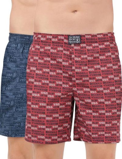 Jockey US57 Men's Combed Cotton Woven Printed Boxer Short-Side Pocket | PO2 | Navy-Brick Red - M