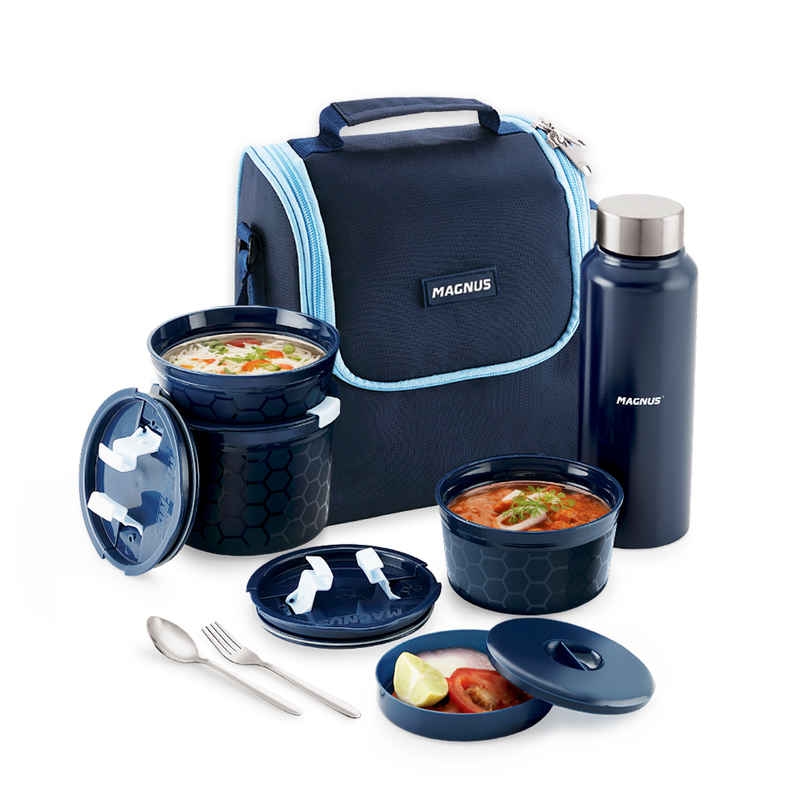 Magnus Neo 5 Lunch Tiffin - 3 Microwave Safe Inner Steel Containers Dabba Bottle Spoon And Fork