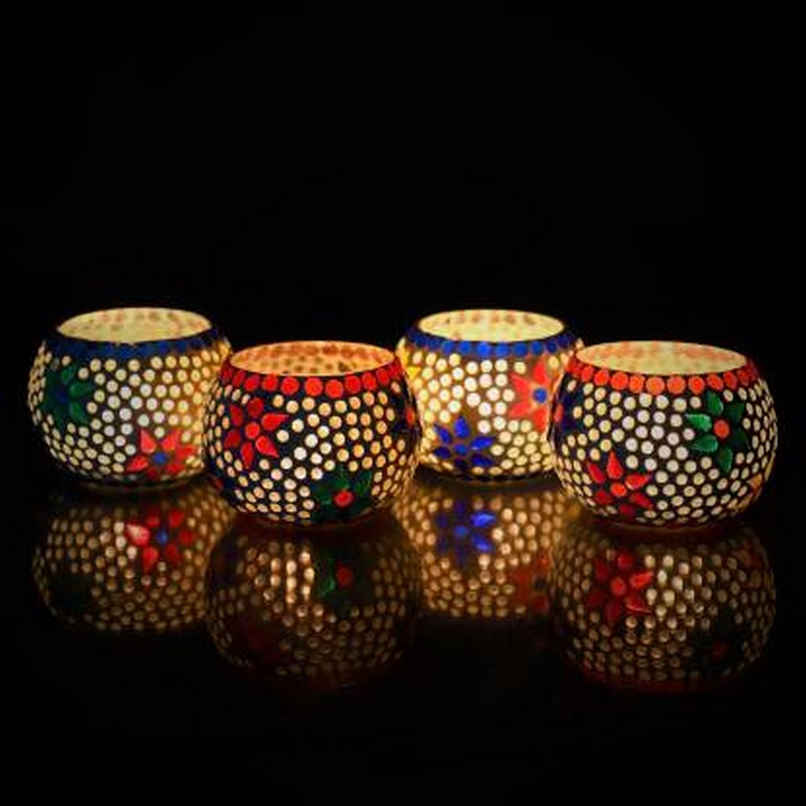 eCraftIndia Set Of 4 Mosaic Glass Decorative Tea Light Candle Holder
