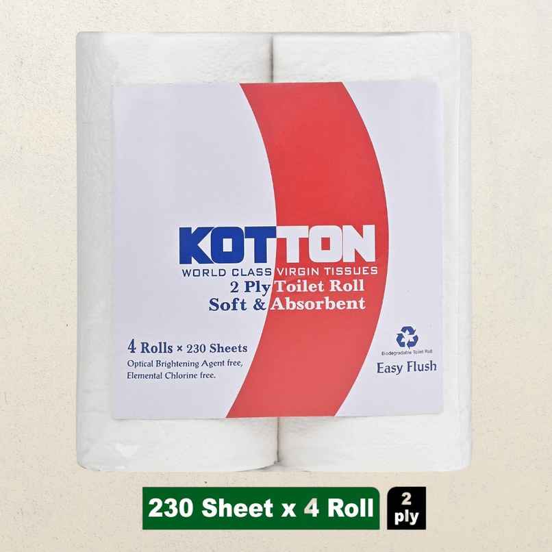 Kotton Toilet Roll - 2 Ply -100% Virgin Pulp/Paper, Pack of 4 ,230 sheets