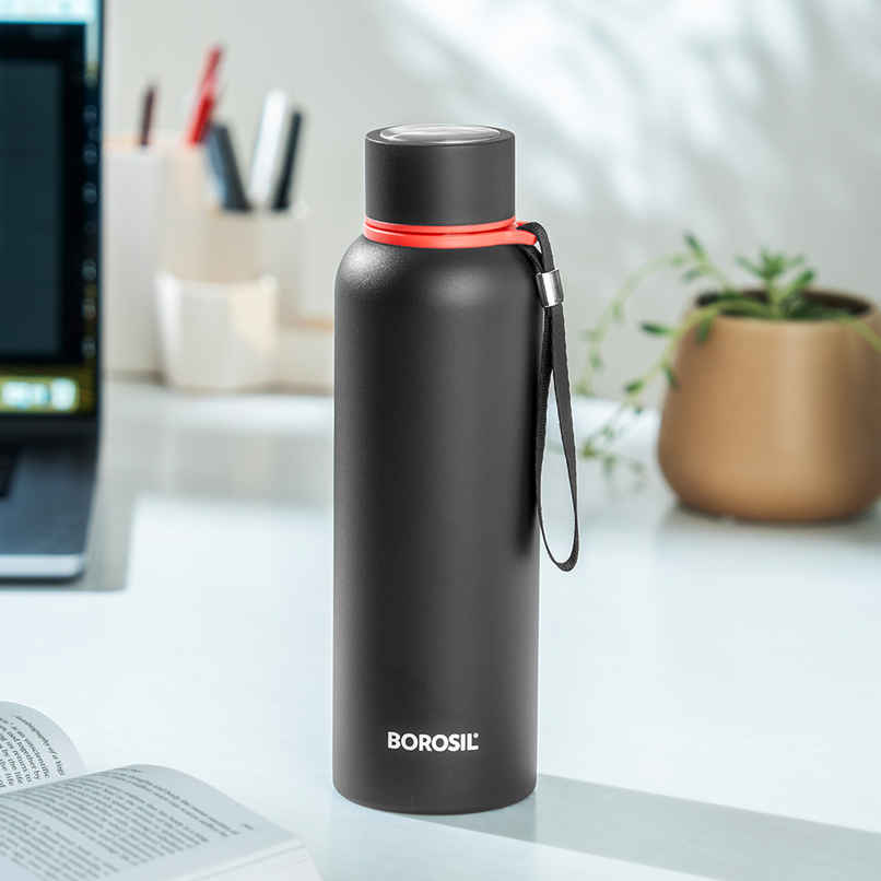 Borosil Hydra Trek Water Bottle | Stainless Steel Double Wall Vacuum Flask | Black | 700 ml