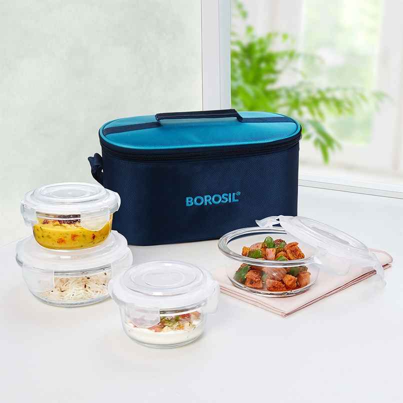 Borosil Alfa Lunchbox | 4 Pcs Glass Set | 240 ml x 2 + 400 ml x 2