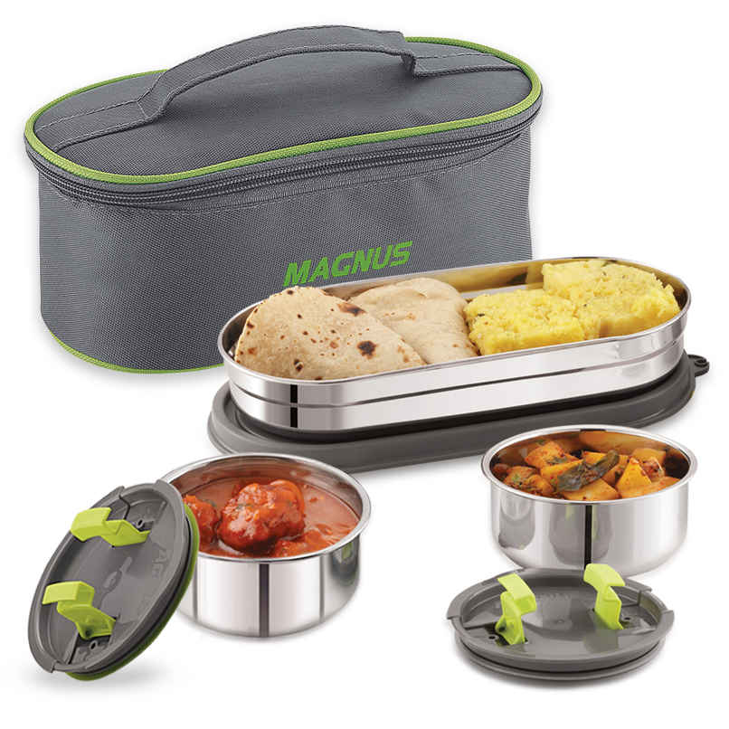 Magnus Olive-3 Prime Stainless Steel Lunchbox With Leak-Proof Containers & Insulated Carry Case