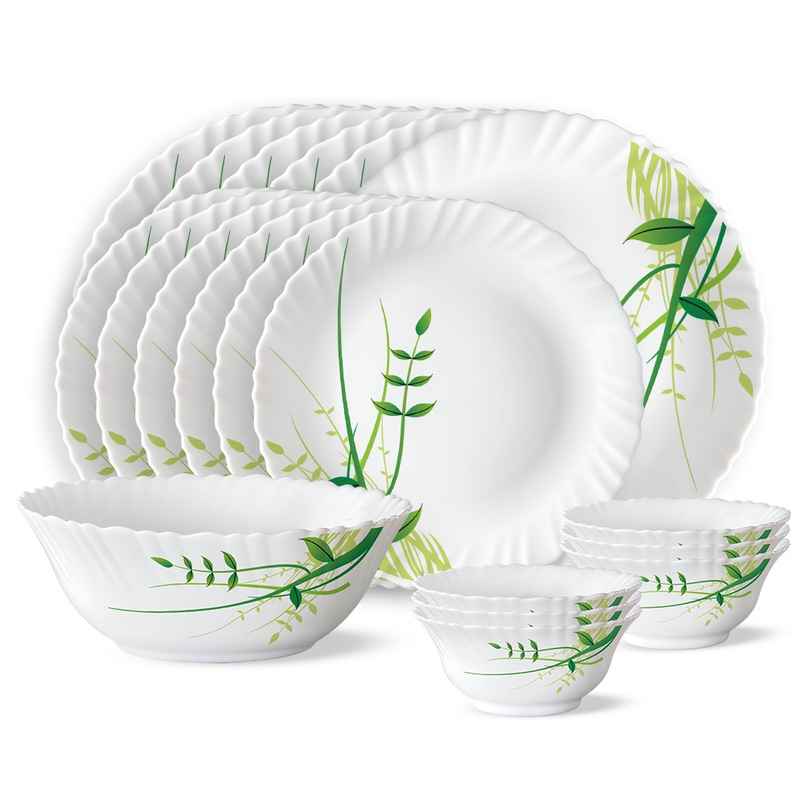 Larah By Borosil Green Herbs 19Pc Dinner Set Opalware Crockery For Dining & Gifting - White