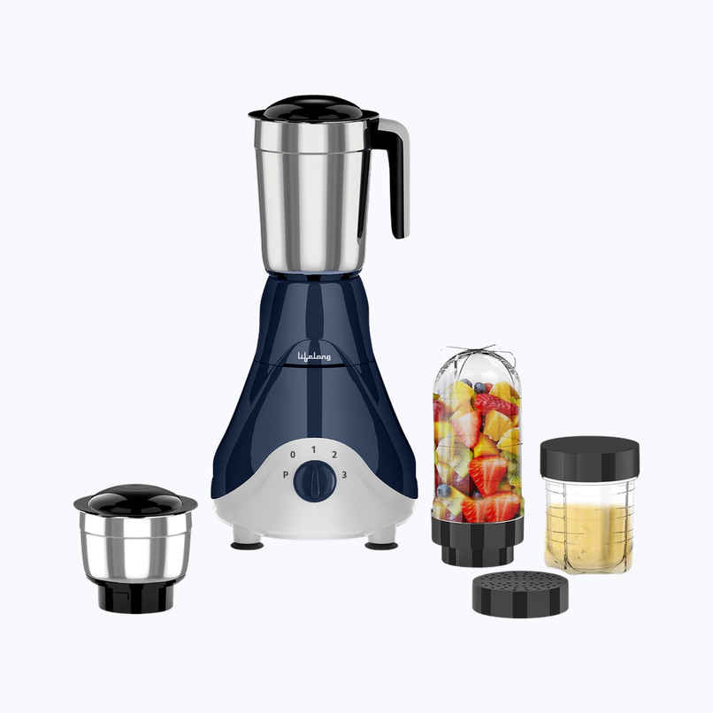 Lifelong Mixer Grinder | 500 W | 4 Jars - 2 Stainless Steel Jars and 2 Nutri bullet Jars for Smoothie & Blending - Blue