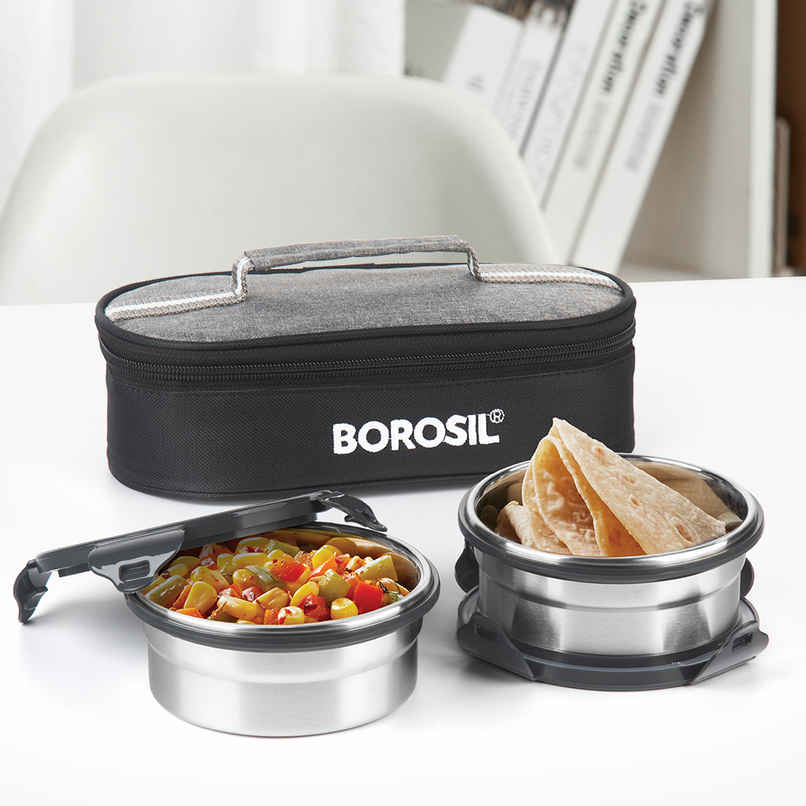 Borosil Feast Stainless Steel Lunchbox with Carry Bag Horizontal Tiffin