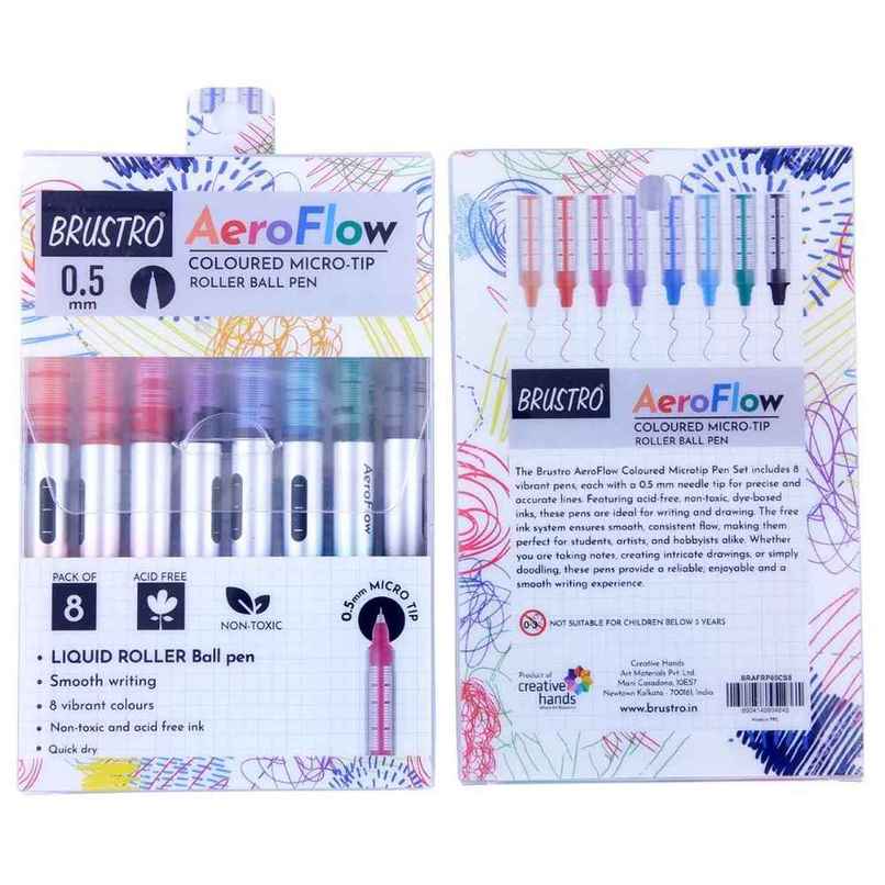 Brustro Aeroflow Coloured Micro | Tip Roller Ball Pen | Tip Size - 0.5 Mm | Set Of 8
