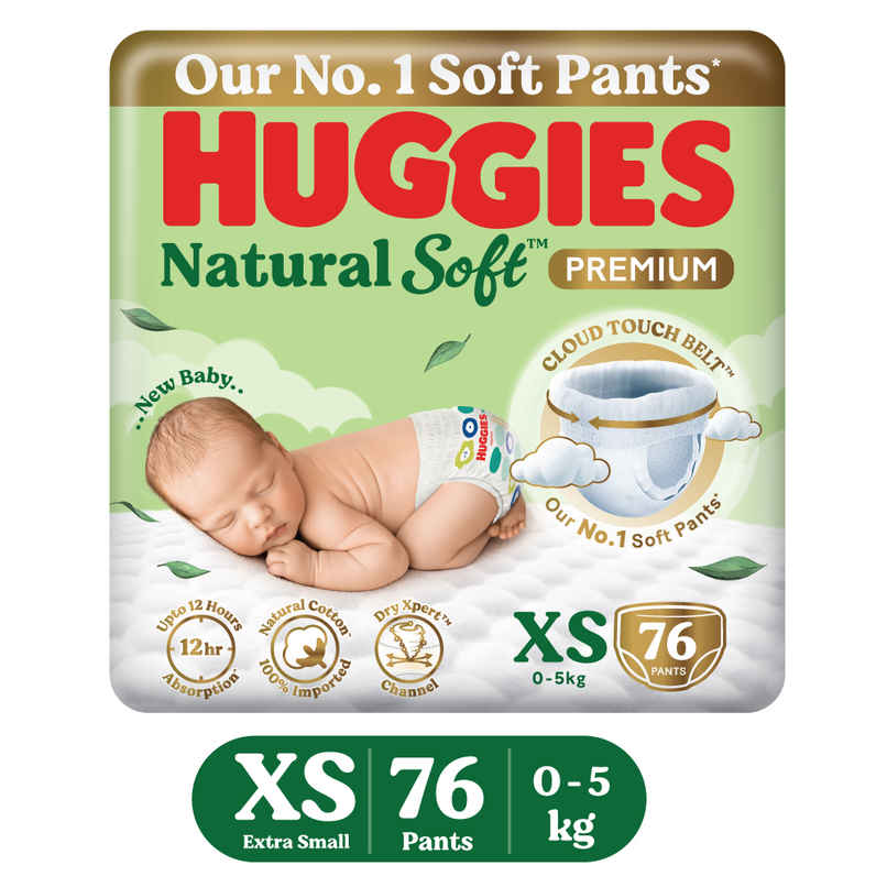 Huggies Natural soft Premium Pant style Baby diaper | XS, 0-5kg, 12 hour absorption, 100% natural cotton, for newborn Huggies Natural soft Premium Pant style Baby diaper | XS, 0-5kg, 12 hour absorption, 100% natural cotton, for newborn