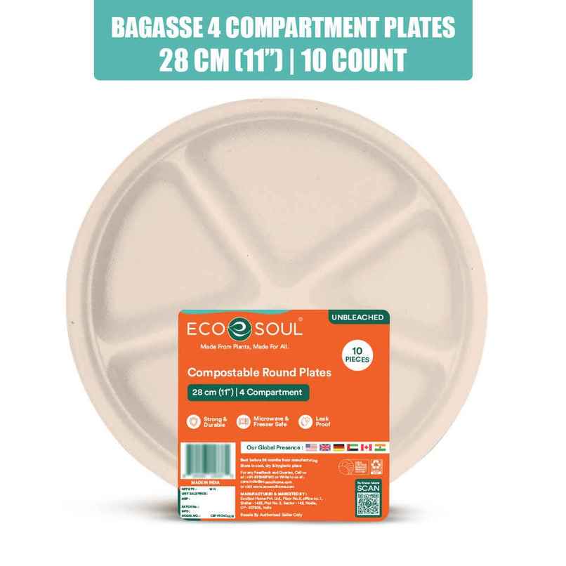 ECO SOUL | Bagasse Disposable Plates | 11 Inch | Round 4CP | 10 Count ECO SOUL | Bagasse Disposable Plates | 11 Inch | Round 4CP | 10 Count