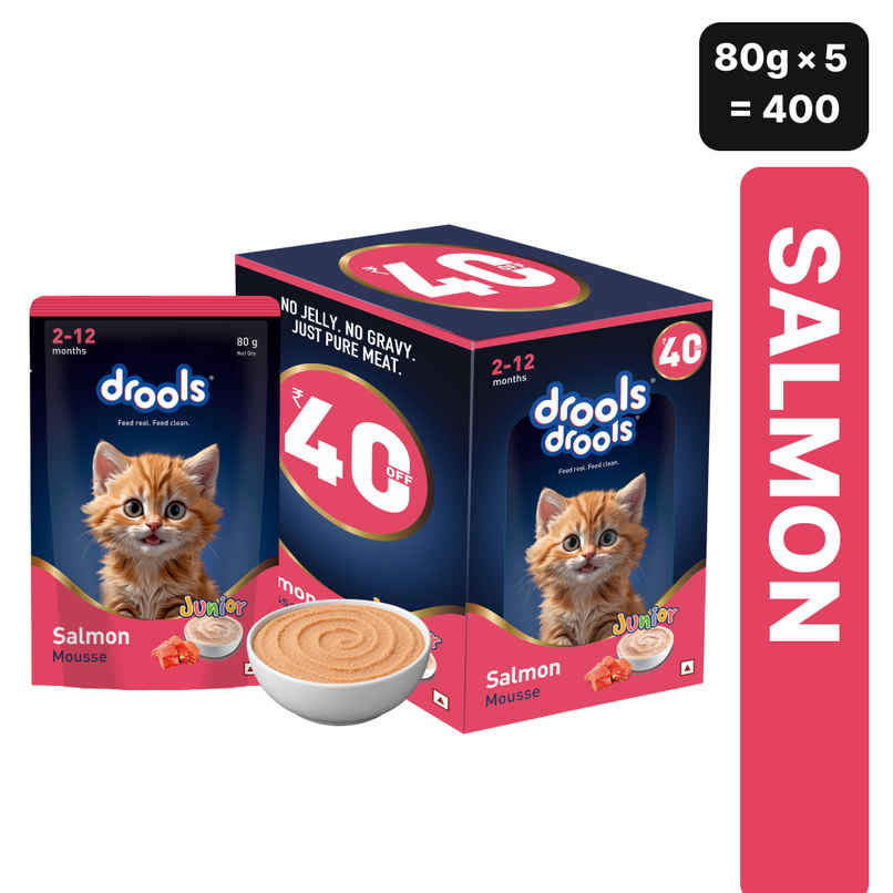 Drools Salmon Mousse Kitten Wet Cat Food, 80g (4+1 Pack Free) Drools Salmon Mousse Kitten Wet Cat Food, 80g (4+1 Pack Free)