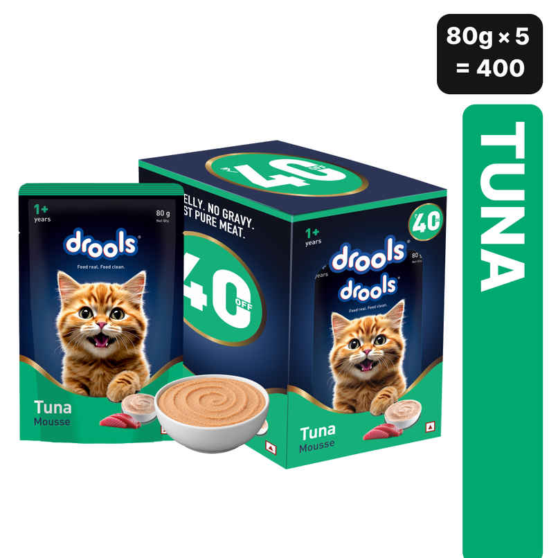 Drools Tuna Mousse Adult Cat Wet Food, 80g (4+1 Free Pack) Drools Tuna Mousse Adult Cat Wet Food, 80g (4+1 Free Pack)