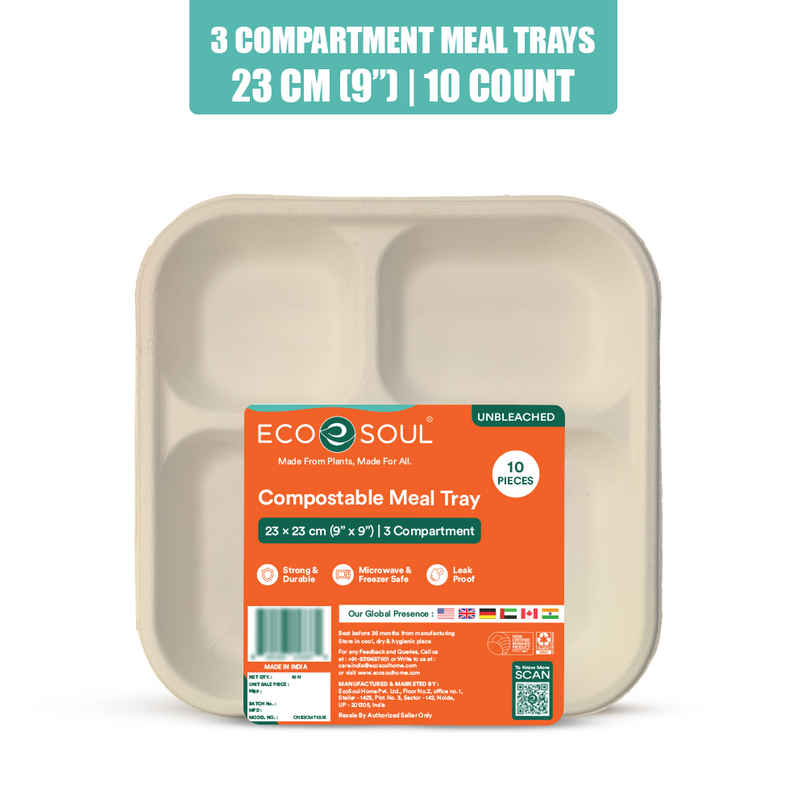 ECO SOUL | Bagasse Disposable Meal Tray/Plates | Square | 3CP | 10 Count