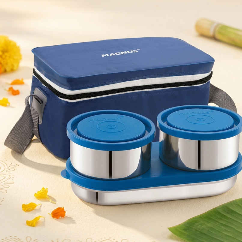 Magnus Fancy 3 Prime Steel Lunch Box Set With Stainless Steel Contianers And Stylish Carry Bag
