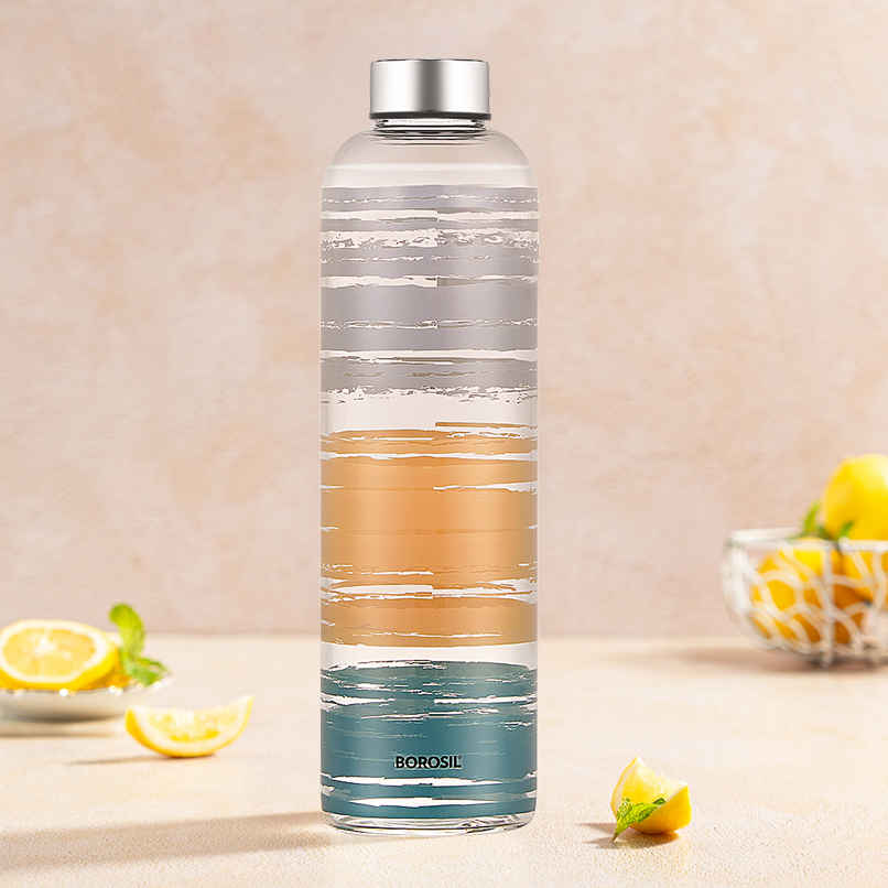 Borosil Glance Narrow Mouth Bottle with Metal Lid Borosilicate Glass Dishwasher Safe