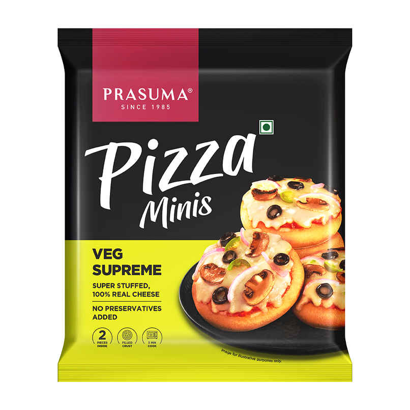 Prasuma Veg Supreme Pizza Minis 2 pc 4.5 inch| Microwave, oven, airfryer or tawa Prasuma Veg Supreme Pizza Minis 2 pc 4.5 inch| Microwave, oven, airfryer or tawa