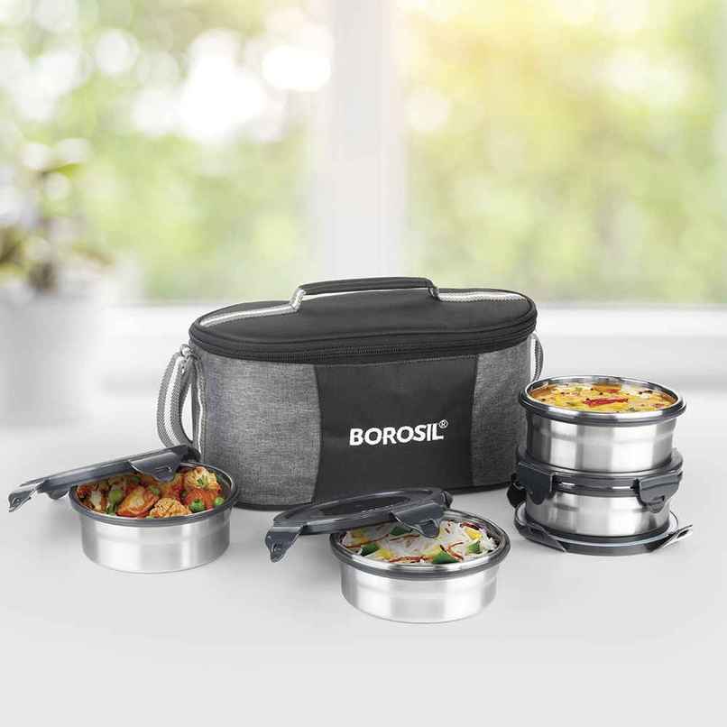 Borosil Feast Stainless Steel Lunchbox with Carry Bag Mixed Sizes Tiffin Borosil Feast Stainless Steel Lunchbox with Carry Bag Mixed Sizes Tiffin