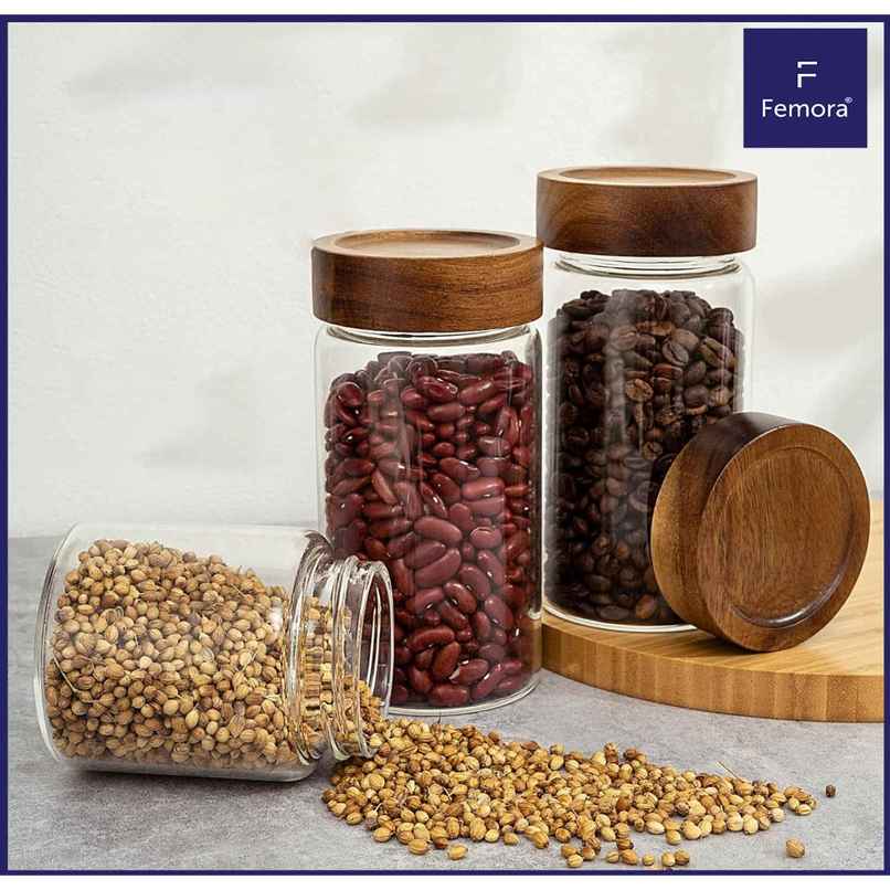 Femora Wooden Lid Screw Jar Air Tight 350Ml 1 Pc Borosilicate Glass