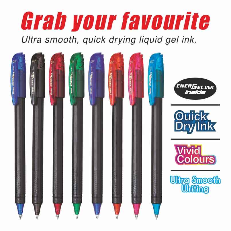 Pentel BL417 Energel Pack Of 8 Ink Black Red Blue Green Orange Pink Sky Blue Violet