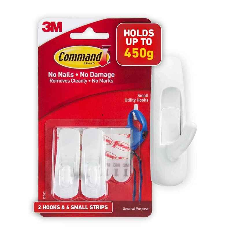Command Adhesive Damage Free Small Hooks | Holds 450 gm | 2 Hooks | 4 Strips Command Adhesive Damage Free Small Hooks | Holds 450 gm | 2 Hooks | 4 Strips