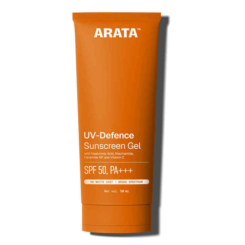 Arata UV-Defence SPF 50, PA+++ Sunscreen Gel with Hyaluronic Acid, Niacinamide, Ceramide & Vitamin C Arata UV-Defence SPF 50, PA+++ Sunscreen Gel with Hyaluronic Acid, Niacinamide, Ceramide & Vitamin C