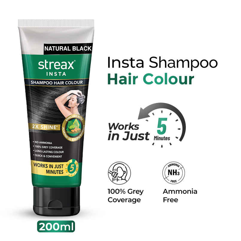 Streax Insta Shampoo Hair Colour - Natural Black, Easy Diy- Squeeze Pack