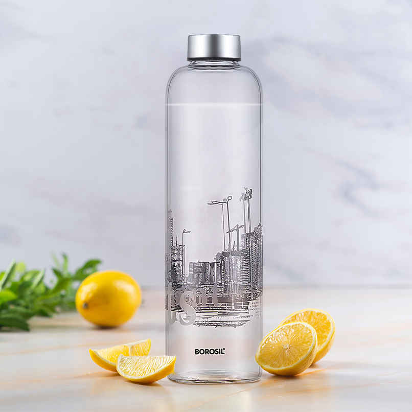 Borosil Roma Narrow Mouth Bottle with Metal Lid | Borosilicate Glass | Dishwasher Safe - 1 L