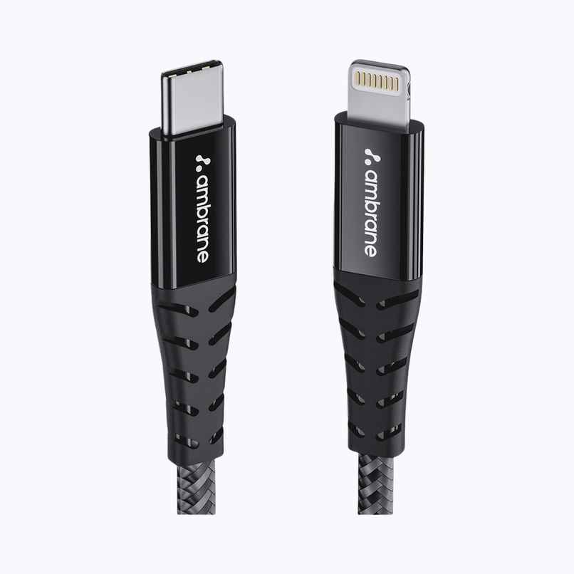 Ambrane Type-C to Lightning USB Cable, 22.5W Fast Charging, 480Mbps Data Sync Cable Compatible with iPhone, iPad, Macbook, iMac, AirPods, 1.25m (ABTL-125) - Black