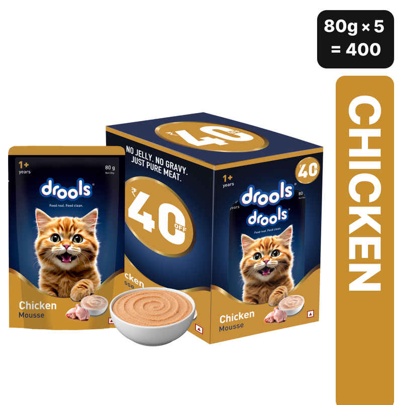 Drools Chicken Mousse Adult Cat Wet Food, 80g (4+1 Free Pack) Drools Chicken Mousse Adult Cat Wet Food, 80g (4+1 Free Pack)