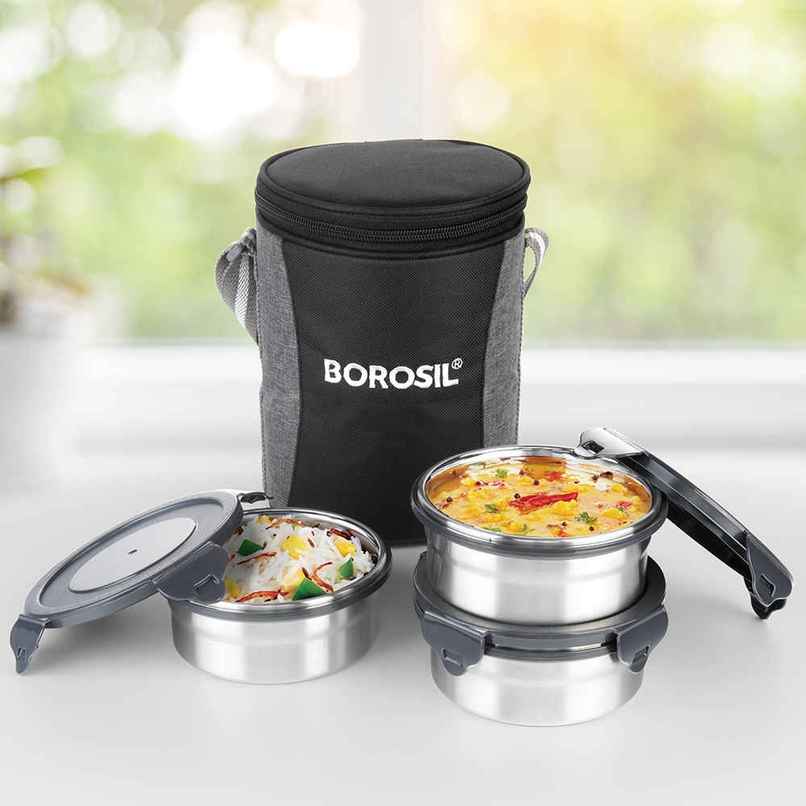 Borosil Feast Stainless Steel Lunchbox with Carry Bag Mixed Sizes Tiffin