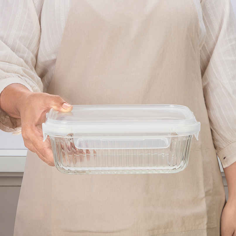 Borosil Fluted Klip N Store Rectangle Food Storage Container Borosilicate Glass Microwave Safe