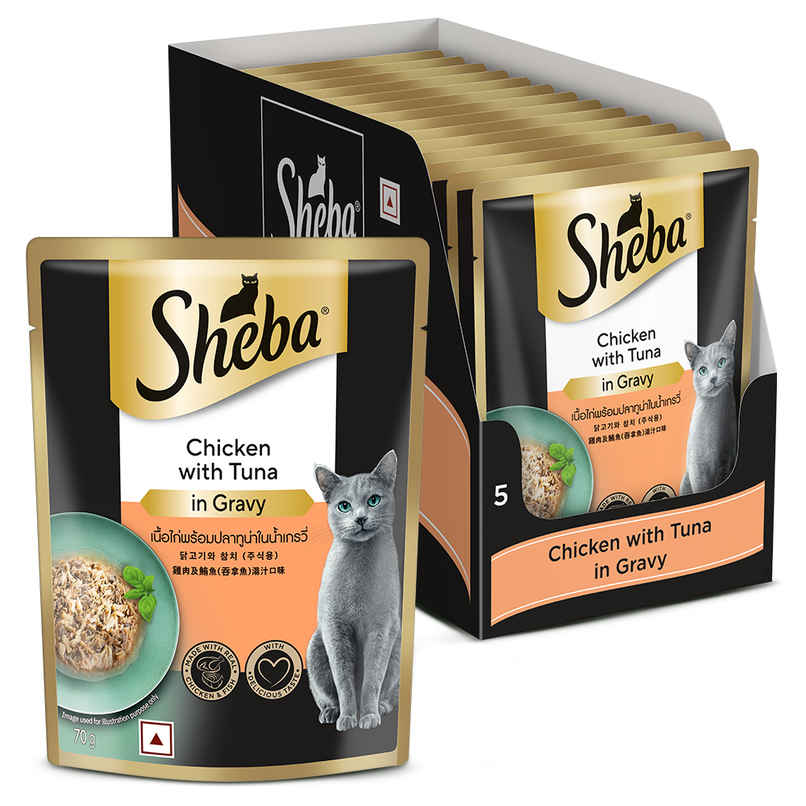 Sheba Fine Premium Adult (1+ Years) Wet Cat Food, Chicken with Tuna in Gravy, 70 g Pouch Pack of 14