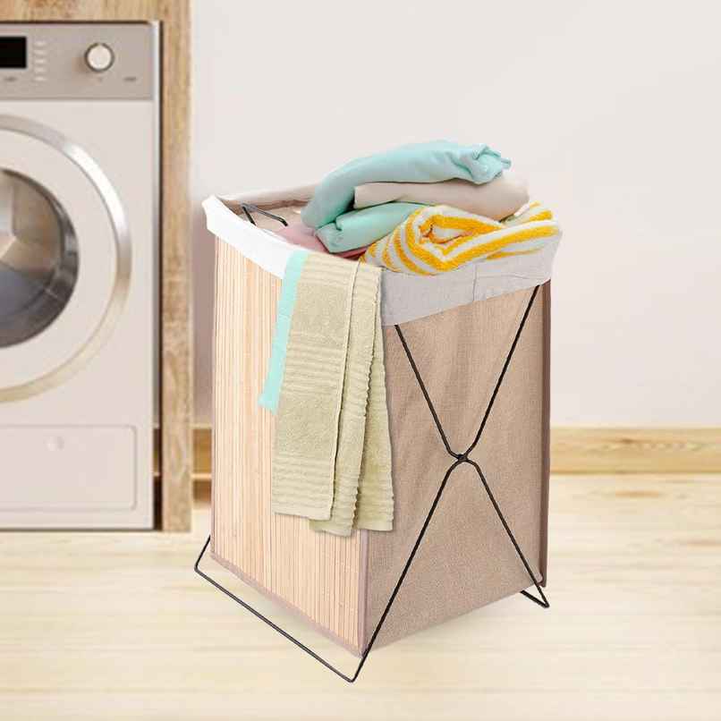 The Better Home Bamboo Laundry Bag 72 Litres with Lid Foldable Laundry Basket for Clothes | Light Brown
