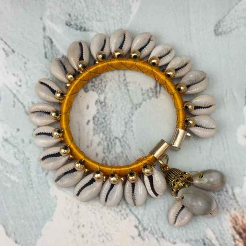 The Opal Factory Cowrie Shell Flexible Size Bangle | Jhumki Latkan | Yellow - Flexible The Opal Factory Cowrie Shell Flexible Size Bangle | Jhumki Latkan | Yellow - Flexible