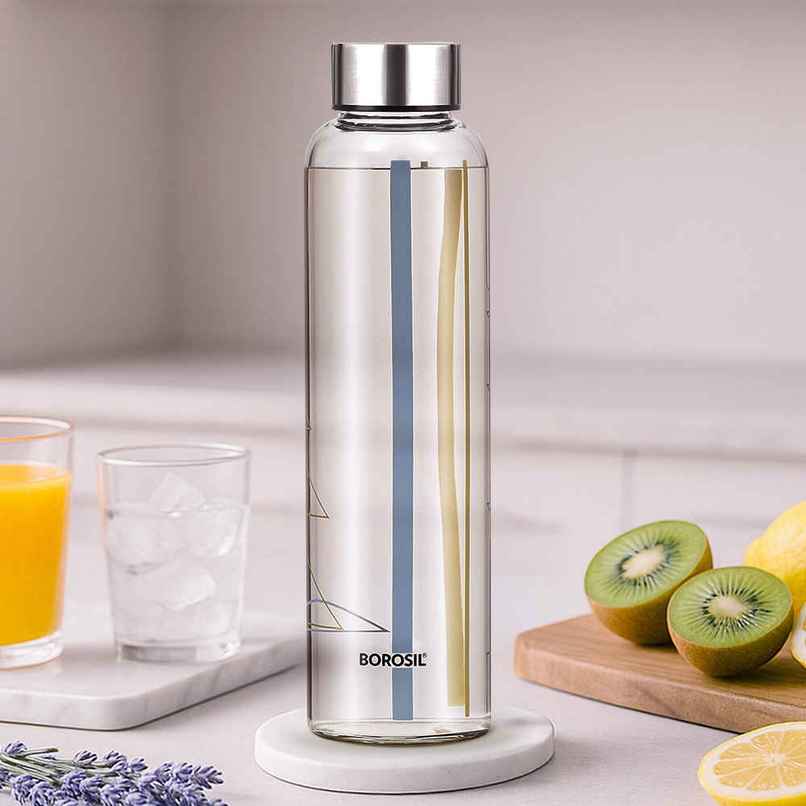 Borosil Sintra Narrow Mouth Bottle with Metal Lid Borosilicate Glass Dishwasher Safe