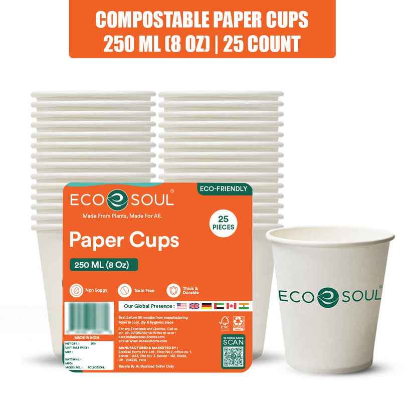 ECO SOUL | Disposable Paper Cups/Glasses | 250 ml | Standard | 25 Count ECO SOUL | Disposable Paper Cups/Glasses | 250 ml | Standard | 25 Count