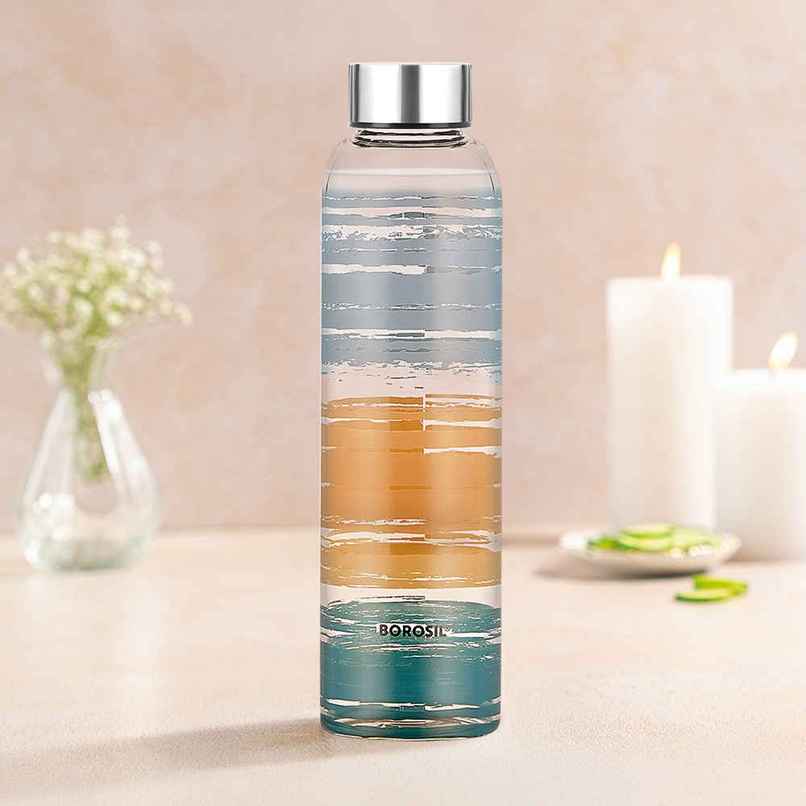 Borosil Glance Narrow Mouth Bottle with Metal Lid Borosilicate Glass Dishwasher Safe