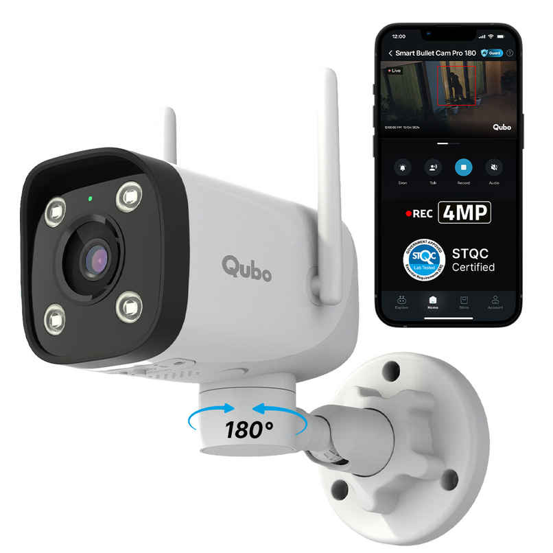 Qubo Smart Bullet Security Camera 180 degree 4MP | No SD Card Required, Records Directly on Cloud