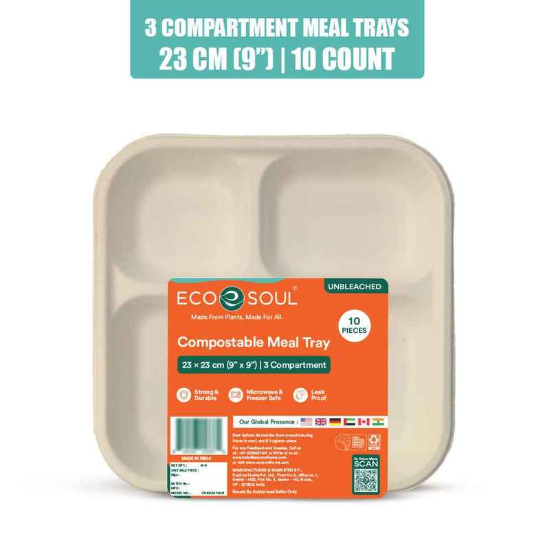 ECO SOUL | Bagasse Disposable Meal Tray/Plates | Square | 3CP | 10 Count ECO SOUL | Bagasse Disposable Meal Tray/Plates | Square | 3CP | 10 Count