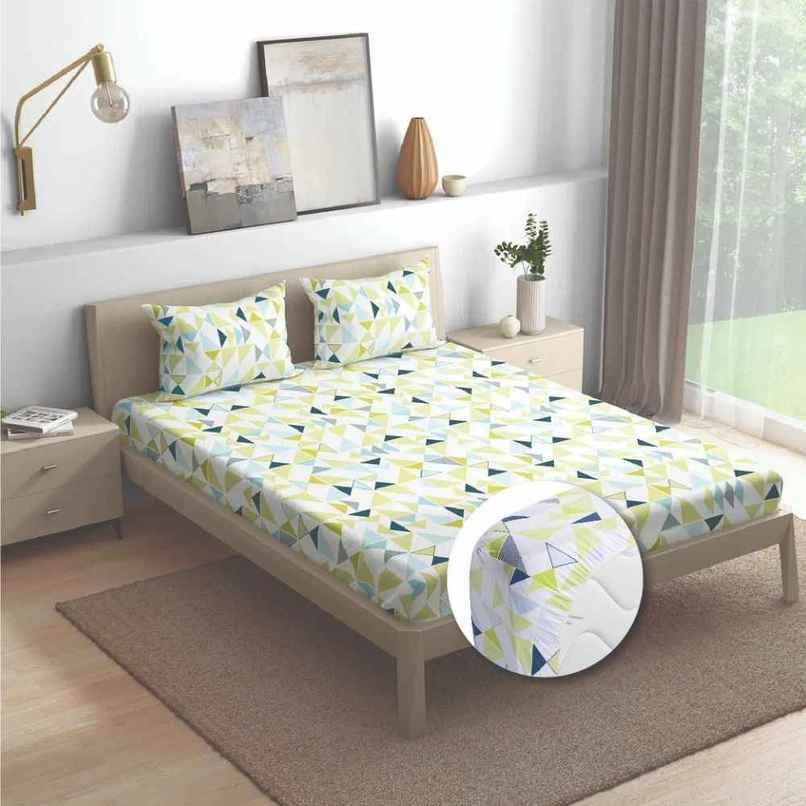Wakefit Maze Fitted Queen 100% Cotton Geometric Bedsheet, 2 Pillow Covers | White | 78 x 60 in