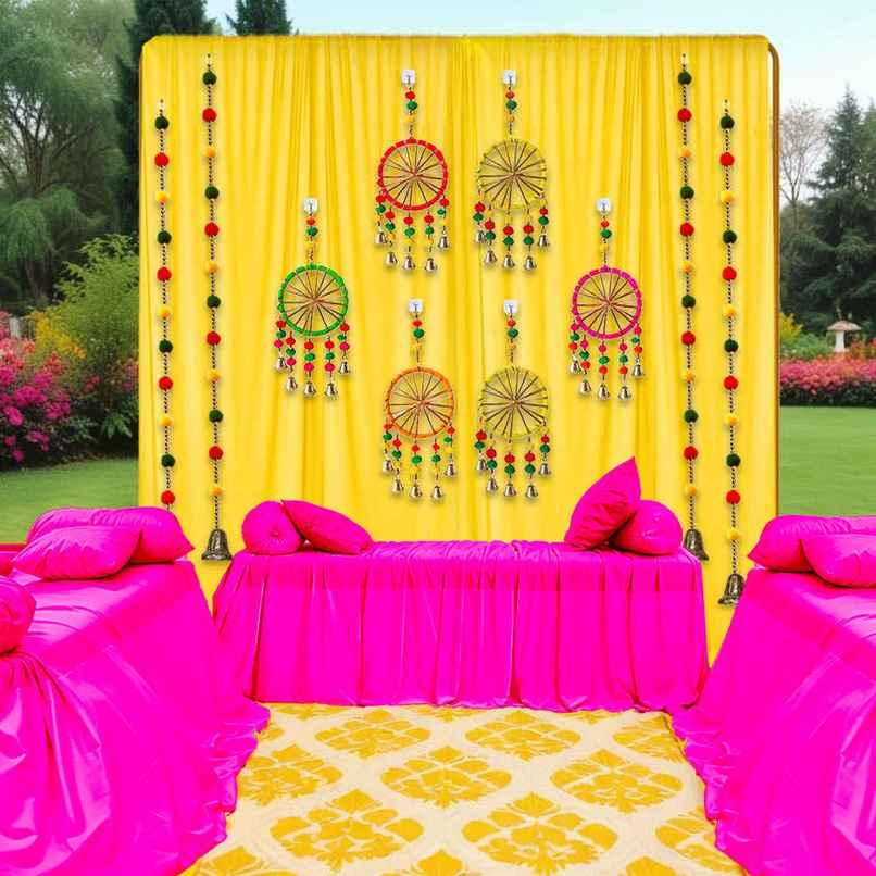 Yellow Backdrop Cloth with Pom Pom Hangings for Haldi Decoration | Party Propz Yellow Backdrop Cloth with Pom Pom Hangings for Haldi Decoration | Party Propz