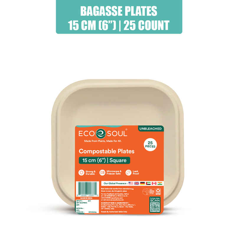 ECO SOUL | Bagasse Disposable Plates | 6 Inch | Square | 25 Count ECO SOUL | Bagasse Disposable Plates | 6 Inch | Square | 25 Count
