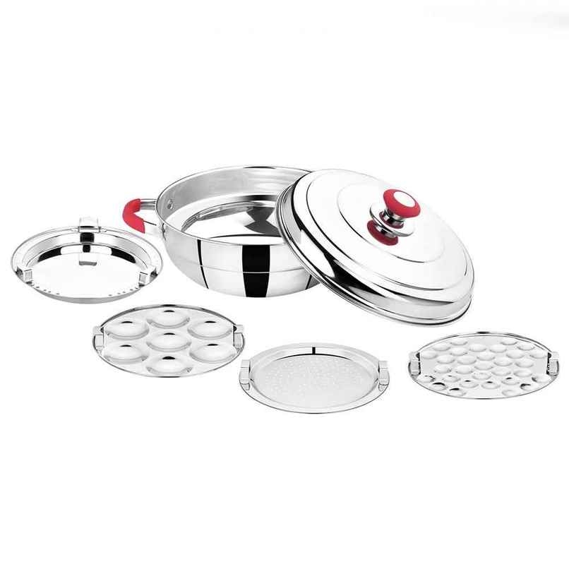 Bhalaria Stainless Steel Multi Kadai | 2 Idli Plate | 2 Dhokla Plate | 1 Patra Plate | 1 Mini Idli Plate